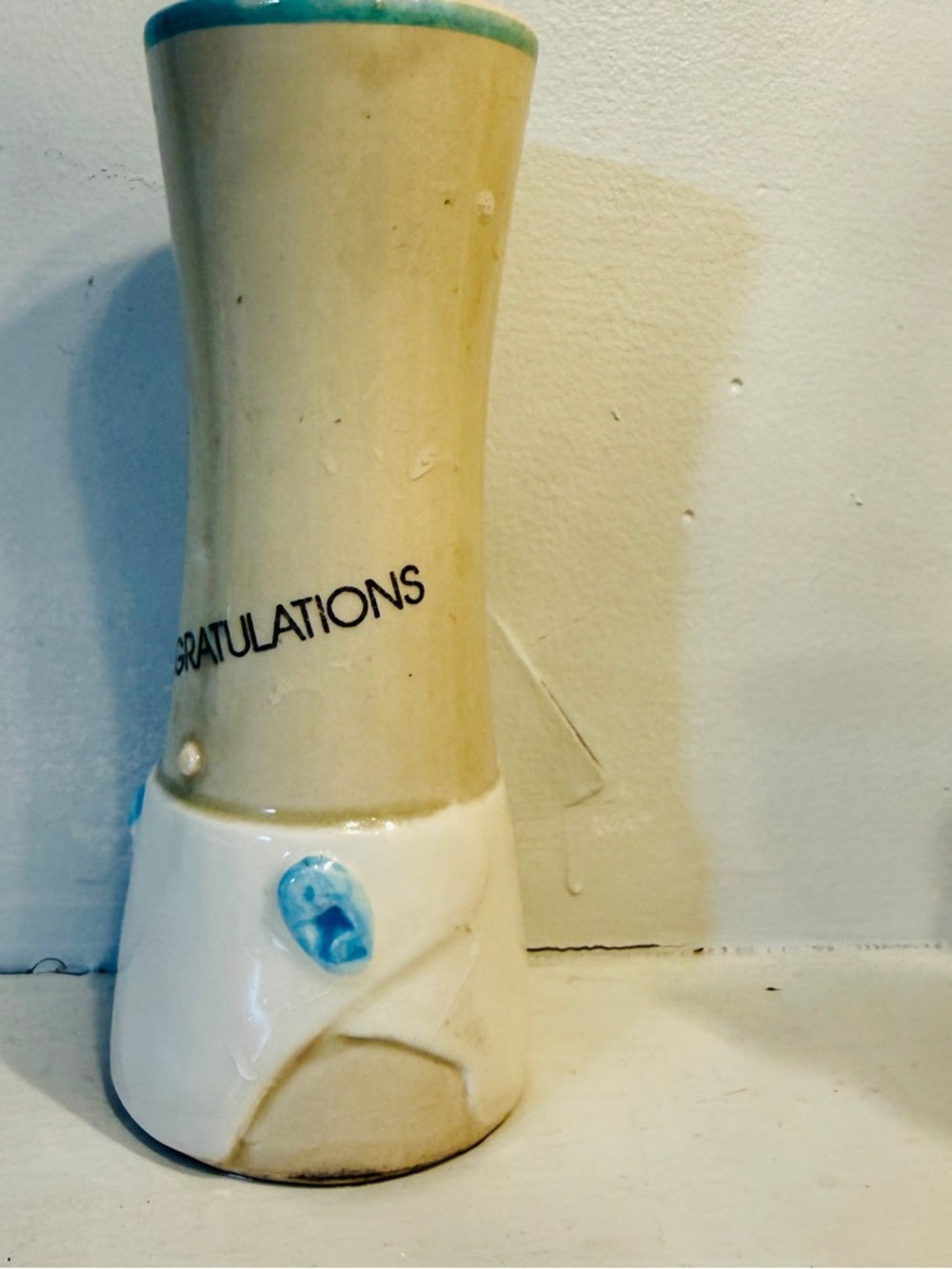 Ceramic 'CONGRATULATIONS' Enesco Co. 1979 Bud Vase in Cream with Aqua Accents